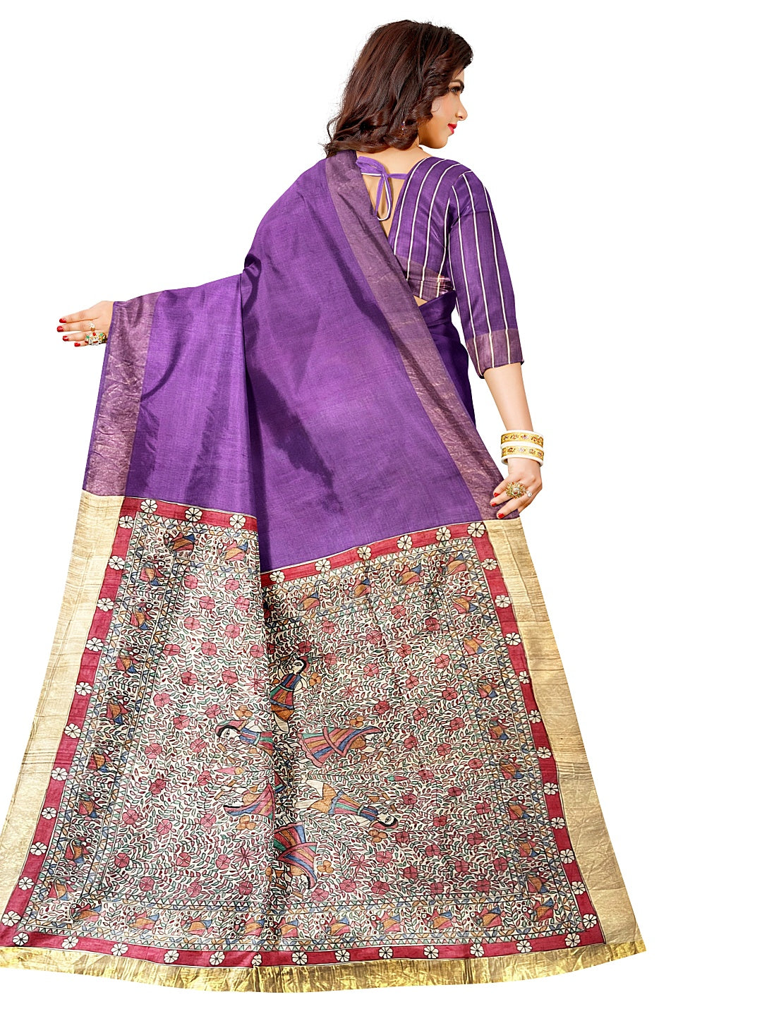 Hand-painted Madhubani Tussar Staple Silk Saree on Purple